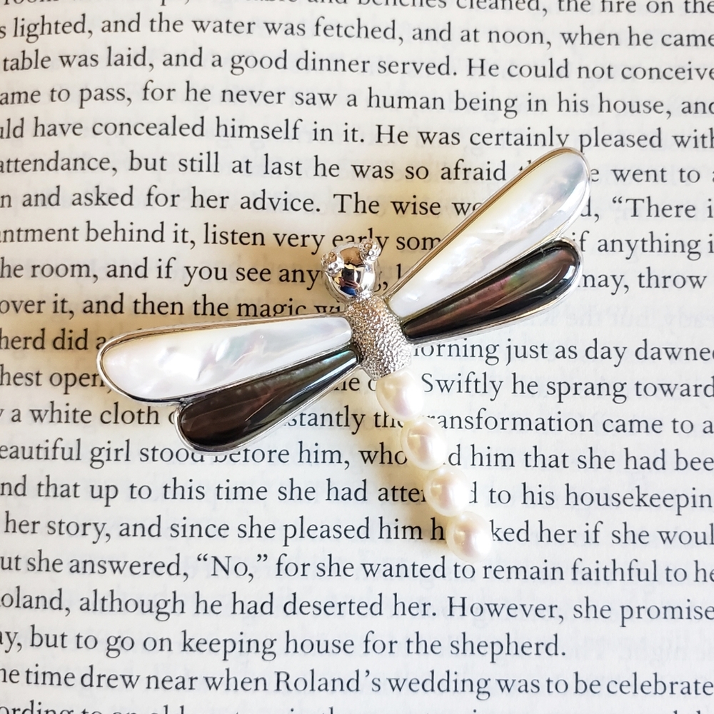 Sterling Silver Pearl Dragonfly Pendant Brooch